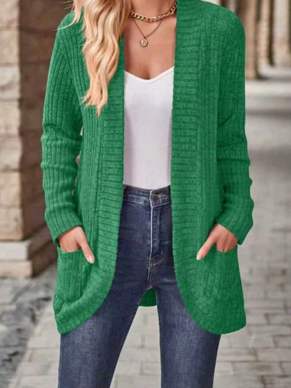Green Casual Women's Plus Size Long Sleeve Knitted Cardigan - Picture 3 of 3